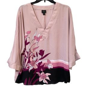 Pink Mauve Floral Blouse Top Shirt XL Iris Irises V-neck